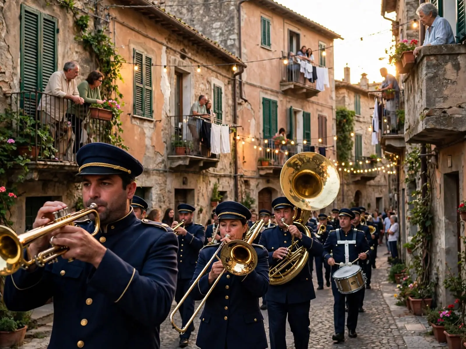 Banda di paese in divisa che suona trombe e ottoni in una stretta via di un borgo siciliano