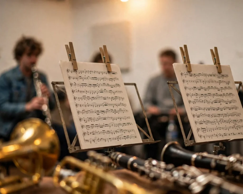 Musicisti della banda durante le prove, con gli spartiti fissati ai leggii