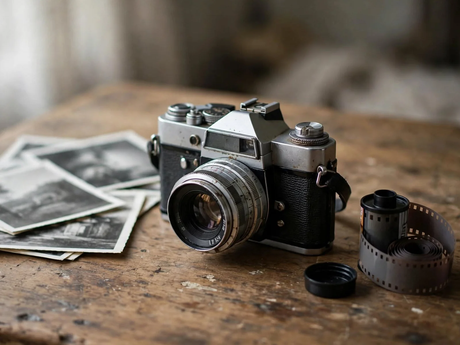 Macchina fotografica a pellicola d'epoca su un tavolo di legno, tra vecchie stampe in bianco e nero