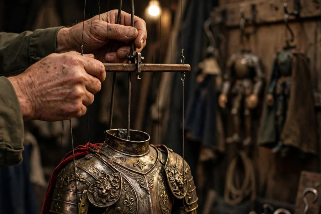 Mani del puparo che manovrano un pupo siciliano in armatura dietro le quinte del teatro dei pupi.