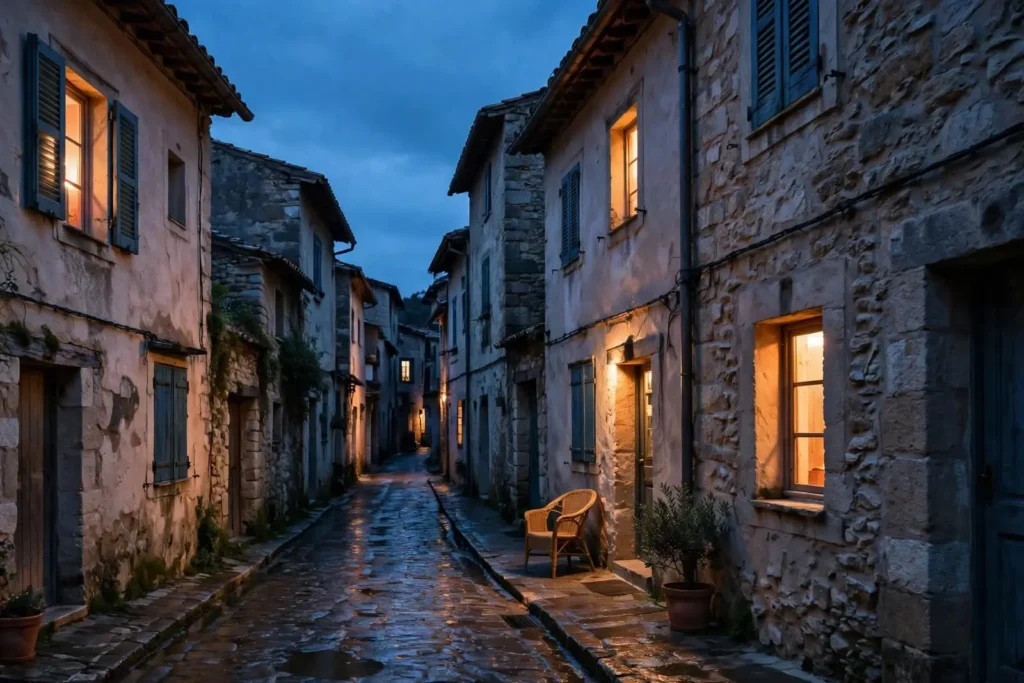 Strada stretta di paese alla sera con le finestre illuminate e una sedia vuota sul marciapiede